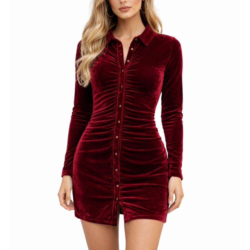 House of Harlow 1960 Red Velvet Ruched Button Front Dress Size Medium - Picture 1 of 8